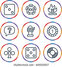 Risk icons set. set of 9 risk outline icons such as clubs, 1 casino chip, 100 casino chip, dice, no fire, lifebuoy, exclamation
