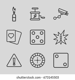 Risk icons set. set of 9 risk outline icons such as roulette, dice, security camera, spades, dynamite, warning