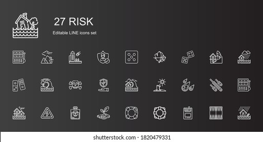conjunto de iconos de riesgo. Cobertura de riesgos con cigarrillos, salvavidas, salvavidas, sequía, veneno, alto voltaje, inundaciones, meteorito, tsunami, seguro. Iconos de riesgo modificables y escalables.