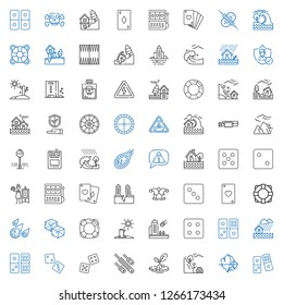 risk icons set. Collection of risk with domino, iceberg, landslide, drought, meteorites, dice, flood, meteorite, lifesaver, dices, lifebuoy. Editable and scalable risk icons.