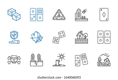 risk icons set. Collection of risk with earthquake, domino, drought, poison, flood, dice, iceberg, insurance, ace of diamonds, meteorite, nuclear. Editable and scalable risk icons.