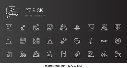 risk icons set. Collection of risk with tsunami, landslide, ace of hearts, avalanche, flood, poison, stop sign, roulette, dice, domino, slot machine. Editable and scalable risk icons.