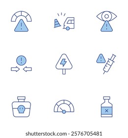Risk icons set. Line Duotone style, editable stroke. poison, confrontation, high voltage, risk, monitored, car.