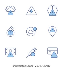 Risk icons set. Line Duotone style, editable stroke. brain, economic crisis, credit card, bankruptcy, voltage, weather, risk, hazardous, location.