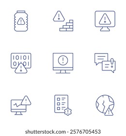 Risk icons set. Thin Line style, editable stroke. alert, chat, diagnostic, code, emergency, barrel, computer, evaluation.
