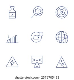 Risk icons set. Thin Line style, editable stroke. hazardous, landslide, world, poison, risk, voltage, identify, mail, weather.