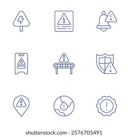 Risk icons set. Thin Line style, editable stroke. interruption, wet floor, high voltage, warning, location, water shortage, production, risk management.