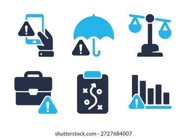 Conjunto de ícones Risk Identification and Strategy (Identificação de riscos e estratégia). Ícones da série de glifos sólidos