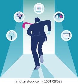 Risk Illustration. Businessman running with risk assessment icon. Business background vector