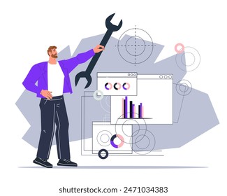Risk or incident management developing crisis response strategies. Crisis management, fixing problems, flat vector illustration isolated on white. Business person improves the operation of company.