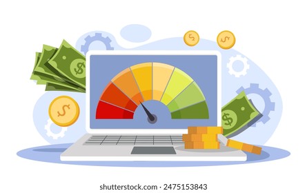 Risk indicator concept. Laptop with benchmarking, riskmeter. Financial analysis for entrepreneurs, investors and traders. Cartoon flat vector illustration isolated on white background
