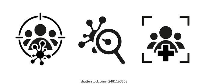 Risk or infected group, virus research and healthy people icon set isolated on white background