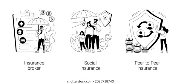Risk insurance abstract concept vector illustration set. Insurance broker, social and peer-to-peer paid benefit, emergency risk, unemployment and income loss, pension trust fund abstract metaphor.