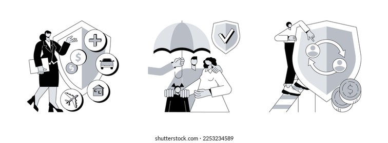 Risk insurance abstract concept vector illustration set. Insurance broker, social and peer-to-peer paid benefit, emergency risk, unemployment and income loss, pension trust fund abstract metaphor.