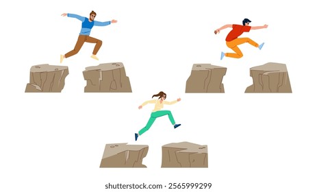 risk jumping over cliff vector. courage excitement, challenge daring, extreme height risk jumping over cliff character. people flat cartoon illustration