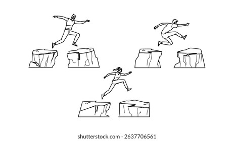 risk jumping over cliff vector. courage excitement, challenge daring, extreme height risk jumping over cliff character. people black line pencil drawing illustration