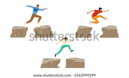 risk jumping over cliff vector. courage excitement, challenge daring, extreme height risk jumping over cliff character. people flat cartoon illustration