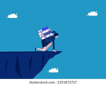 Risk of knowledge. Businesswoman with books ready to work on high cliff 