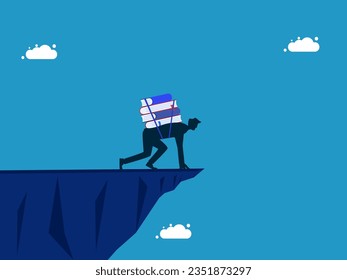 Risk of knowledge. man with books ready to work on high cliff 
