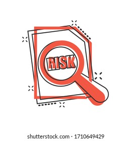 Risk level icon in comic style. Result cartoon vector illustration on white isolated background. Assessment splash effect business concept.