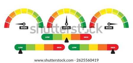 Risk Level Meter Infographic – Colorful Risk Assessment Gauge Chart with Low, Medium, High Indicator – Business Safety Risk Analysis Dashboard, Risk Level Rating Bar, Compliance Monitoring Graphic.