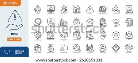 Risk line editable icon set. Containing icons related to risk, warning, alarm, and more. vector illustration