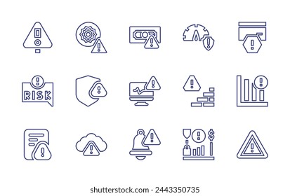 Conjunto de iconos de línea de riesgo. Trazo editable. Ilustración vectorial. Contiene advertencia, alta temperatura, nube, alerta, riesgo, dinero, evaluación de riesgo, interrupción, peligro, diagnóstico.