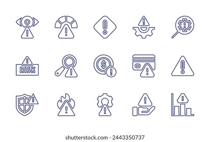 Risk line icon set. Editable stroke. Vector illustration. Containing risk, risk management, risk assessment, coin, identify, credit card, protection, caution, emergency, monitored, danger.