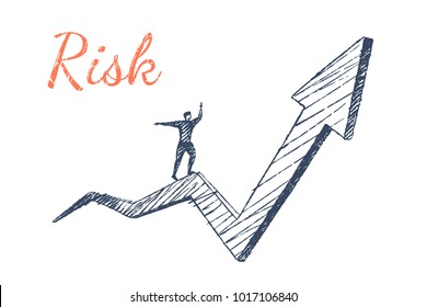 Risk. Man holding his balance goes along the big arrow up. Vector business concept illustration, hand drawn sketch.