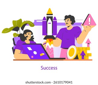 Risk management in achieving success shown through teamwork. One person focuses on the computer, while another raises a warning sign by a rocket, illustrating preparation and proactive measures