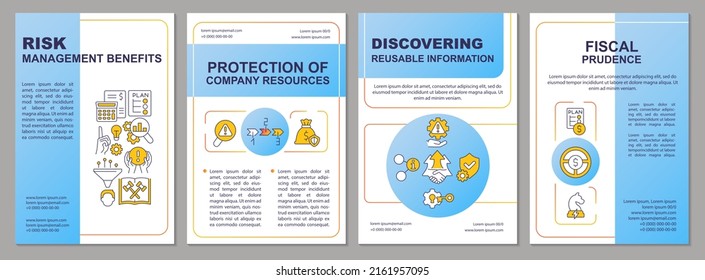 Risk management advantages blue brochure template. Safety strategy. Leaflet design with linear icons. 4 vector layouts for presentation, annual reports. Arial, Myriad Pro-Regular fonts used