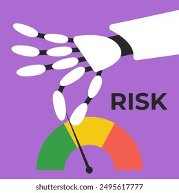 Risikomanagement. AI Roboter Risiken betrachten, bewerten, analysieren. Risikobewertung. Geschäfts- und Investitionskonzept. Moderner flacher Cartoon-Stil. Flache Vektorgrafik.