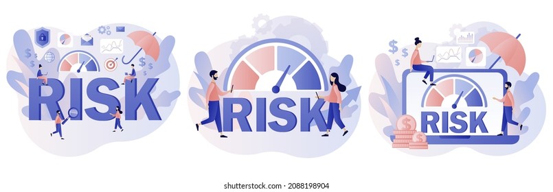 Risk management. Risk assessment. Risk levels knob. Business concept. Tiny people review, evaluate, analysis risk. Modern flat cartoon style. Vector illustration on white background