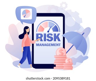 Risk Management. Risk Assessment Online. Business And Investment Concept. Risk Levels Knob. Tiny Woman Review, Evaluate, Analysis Risk. Modern Flat Cartoon Style. Vector Illustration 