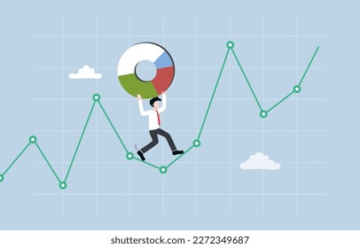 Risk management, asset allocation and financial strategy against investment volatility or fluctuation, portfolio protection concept, Businessman carrying pie chart to walk along investment graph.   