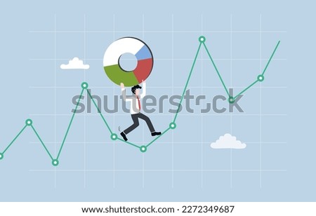 Risk management, asset allocation and financial strategy against investment volatility or fluctuation, portfolio protection concept, Businessman carrying pie chart to walk along investment graph.   