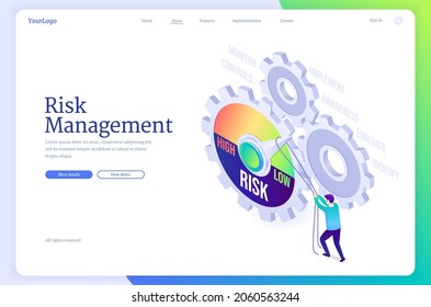 Risk Management Banner. Concept Of Analysis Business Process, Finance Assessment, Minimize Crisis And Reduce Problems. Vector Landing Page With Isometric Man And Risk Meter On Gears