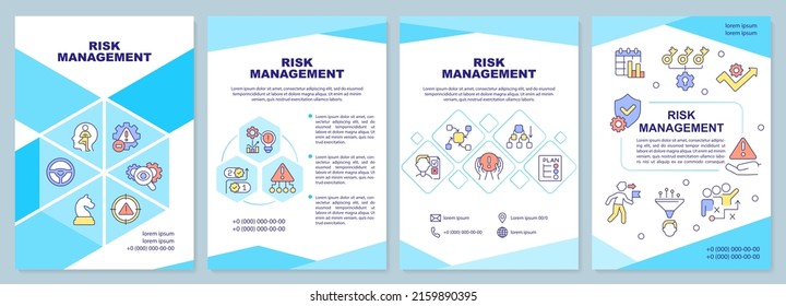 Risk management blue brochure template. Corporate safety. Leaflet design with linear icons. 4 vector layouts for presentation, annual reports. Arial-Black, Myriad Pro-Regular fonts used
