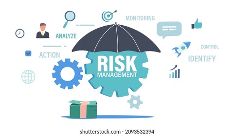 Risk Management Business Concept with Cogwheel under Umbrella, Money Bills and Icons around Magnifier, Chart and Rocket, Thumb Up, Client Profile, Target with Arrow. Cartoon Vector Illustration