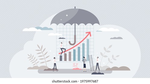 Risk management as business finances investment control tiny person concept. Secured money flow from loss and keep profit with company development and growth vector illustration. Economical umbrella.