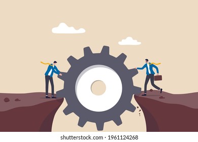 Risk management, business idea to overcome difficulty or teamwork to achieve target concept, businessman help build gear or cog as a bridge to walk over the danger cliffs.