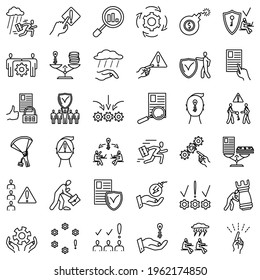Risk management, business problems, data storage control, economy security. Cryptography, protection of personal data. Set of icons, vector, isolated, outline, perfect pixel 48x48.