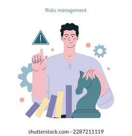 Risk management. Business protection and crisis prevention. Business character doing a knight move avoiding dominoes effect in report chart. Flat vector illustration