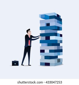 Risk management. Businessman gambling placing block stack on a tower. Business concept illustration vector