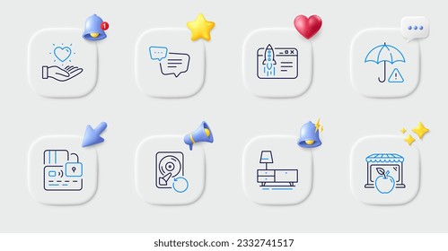 Risk management, Card and Market line icons. Buttons with 3d bell, chat speech, cursor. Pack of Recovery hdd, Dresser, Text message icon. Hold heart, Start business pictogram. Vector