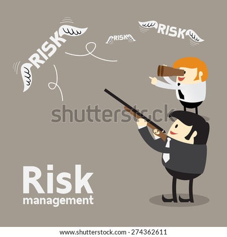 Risk Management Cartoon Concept, two Business man shooting many risk in the sky, Vector Illustration