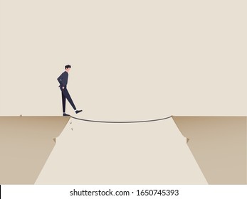 Risk management, challenge for business success or bravery for decision making to solve problem concept. Confident businessman in suit start walking from cliff to rope to reach destination.