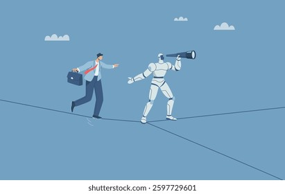 Risk management challenge, Using AI to manage business risks, The robot leads to help the businessman wearing suit walking on the rope and has a separate line. Human cooperation with robotics.