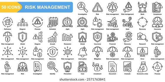 Risk management collection icon set. Investigation, Risk, Bank, Compliance, Refinance, Diagram, Recovery. Simple Line vector.
