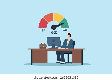 Risk management concept. Businessman Monitoring Risk Levels with Gauge Displaying High and Low Risk Indicators in Modern Office Setting.